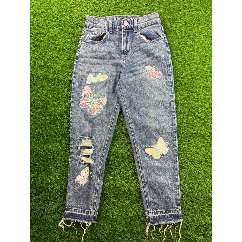 Justice Girls Jeans 14 Butterfly Print Distressed Ripped Blue Denim Raw Hem Cute